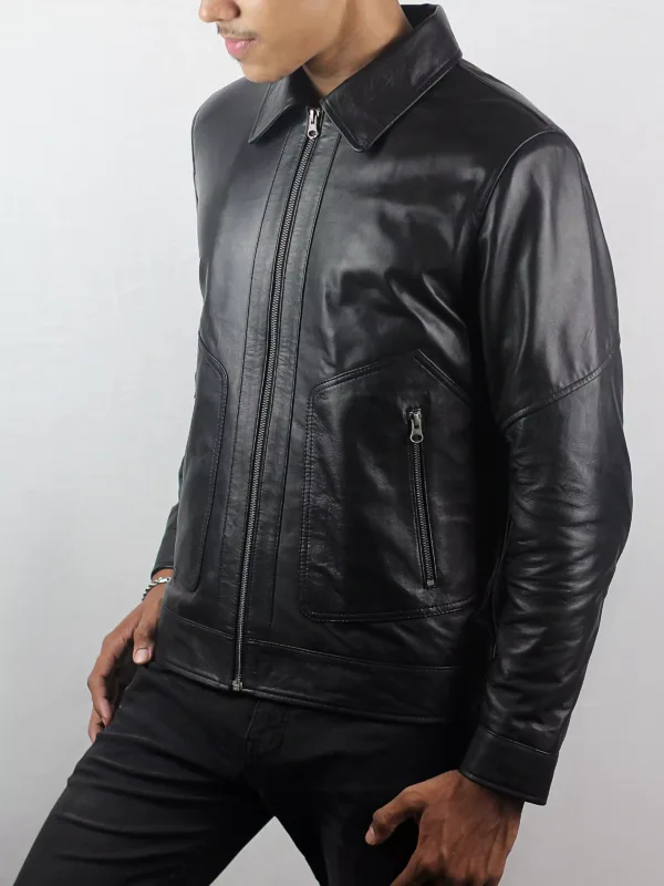 Black Polo Collar Leather For Men
