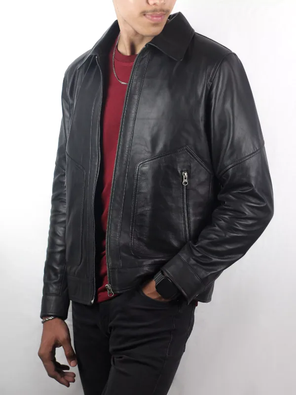 Black Shirt Collar Leather Jacket