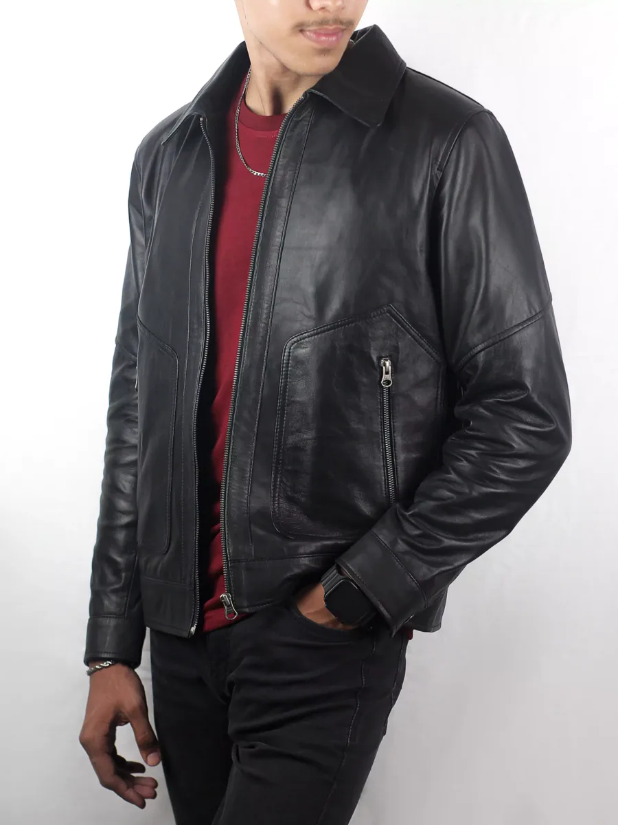 Black Shirt Collar Leather Jacket