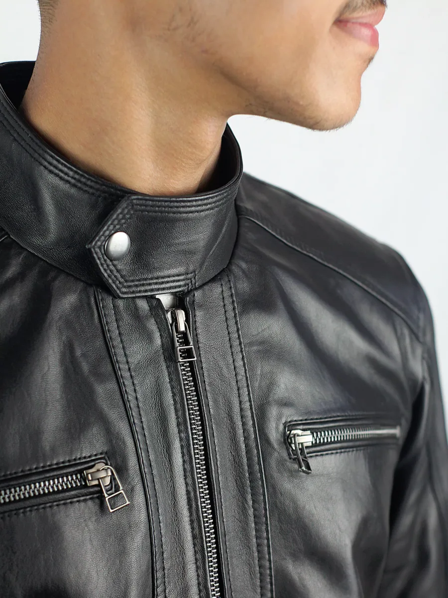 Men’s snap tab collar Black Leather Jacket